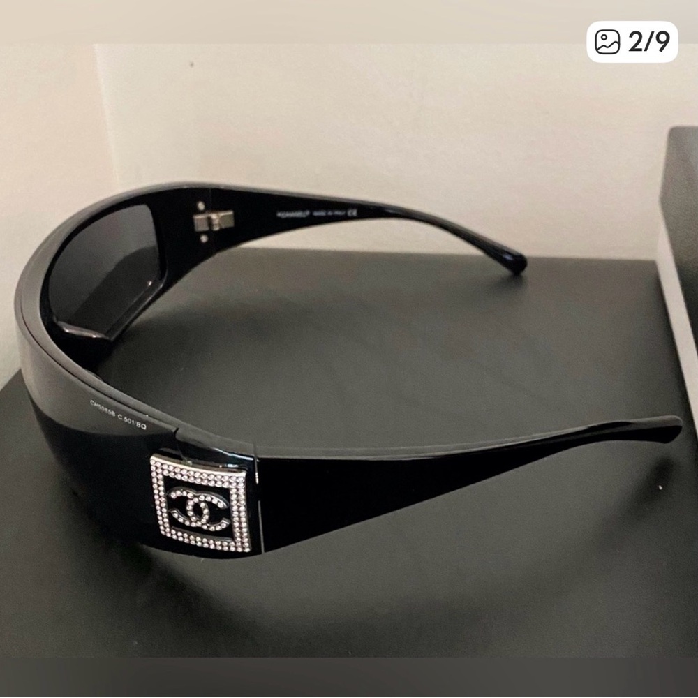Vintage Chanel Black Rhinestones Shield Sunglasses Shield lens has been replaced - Picture 2 of 5